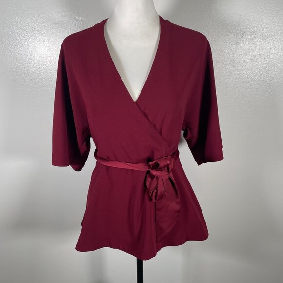Trina Turk Wrap Top Womens Size 4 Maroon Tie Waist Long Sleeve V Neck Back Zip - Picture 2 of 15